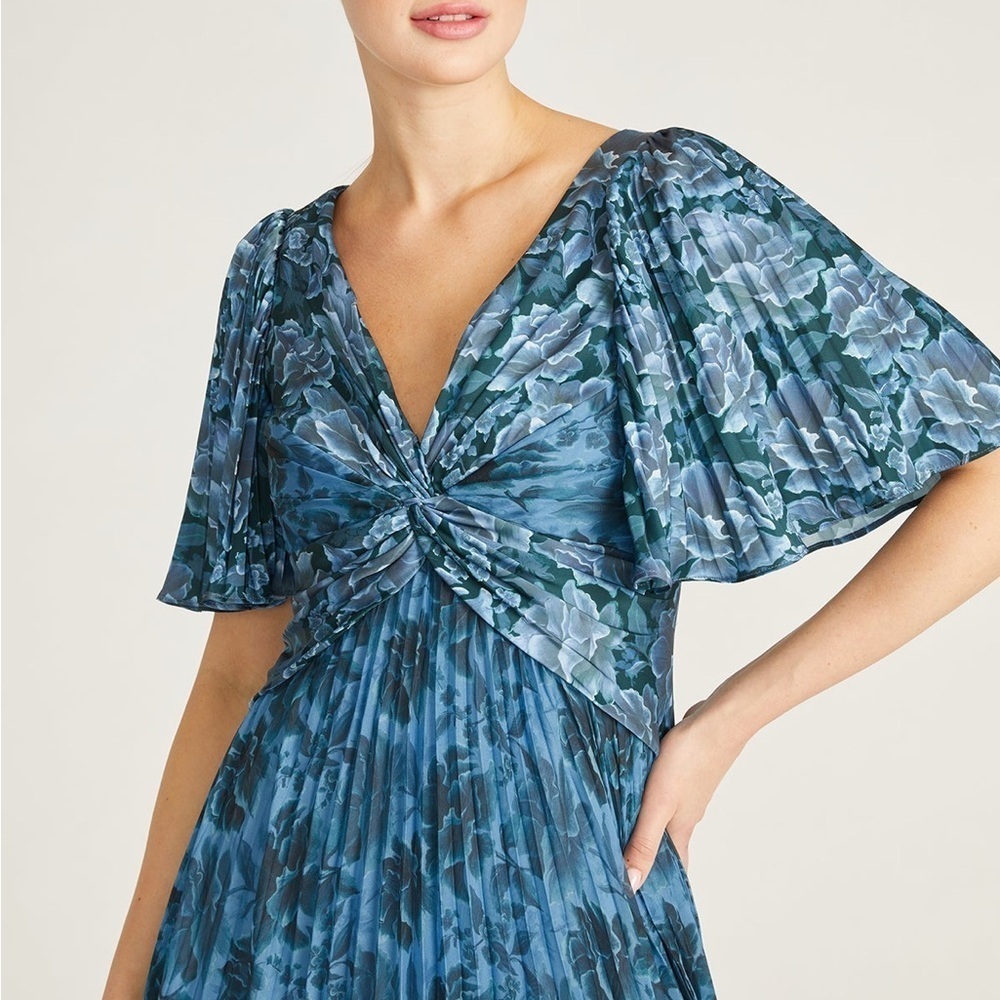 THEIA Mabella Blue Floral Pleated Satin Twist A-Line Gown Flutter NWT 2 - Picture 4 of 12
